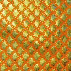 Gold & Orange Mermaid Fish Scale on Hologram Foil Spandex w/ Dots Fabric | (4 Way Stretch/Per Yard)