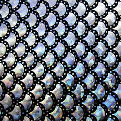 Silver & Black Mermaid Fish Scale on Hologram Foil Spandex w/ Dots Fabric | (4 Way Stretch/Per Yard)