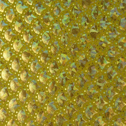 Gold Mermaid Fish Scale on Hologram Foil Spandex w/ Dots Fabric | (4 Way Stretch/Per Yard)