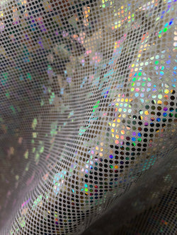 Silver & White Shattered Glass w/ Holographic Foil Spandex Fabric | (4 Way Stretch/Per Yard)