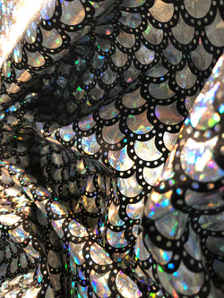 Silver & Black Mermaid Fish Scale on Hologram Foil Spandex w/ Dots Fabric | (4 Way Stretch/Per Yard)