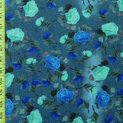 Blue Rose Floral Print on Poly Spandex Fabric | (4 Way Stretch/Per Yard)