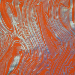 Metallic Foil Lava Swirls (Silver) on Neon Orange Nylon Spandex Fabric | (4 Way Stretch/Per Yard)