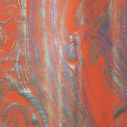 Metallic Foil Lava Swirls (Silver) on Neon Orange Nylon Spandex Fabric | (4 Way Stretch/Per Yard)