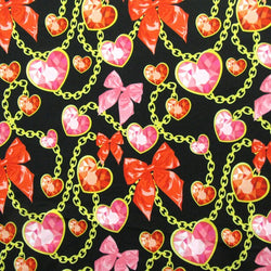 Hearts, Bows and Chain Print on Poly Spandex Fabric | (4 Way Stretch/Per Yard)