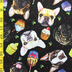 Pugs and Cupcakes Printed on Poly Spandex Fabric (Black) | (4 Way Stretch/Per Yard)