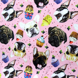 Pugs and Cupcakes Printed on Poly Spandex Fabric (Pink) | (4 Way Stretch/Per Yard)