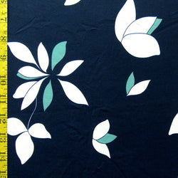 Scattered Leaves Print on Soft Nylon Spandex Fabric (Dark Blue/White/Turquoise) | (4 Way Stretch/Per Yard)