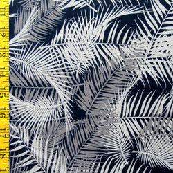 Ghost Fern Leaves Print on Soft Nylon Spandex Fabric (Dark Blue/White/Turquoise) | (4 Way Stretch/Per Yard)