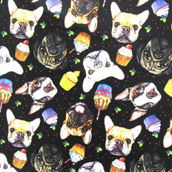 Pugs and Cupcakes Printed on Poly Spandex Fabric (Black) | (4 Way Stretch/Per Yard)