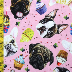 Pugs and Cupcakes Printed on Poly Spandex Fabric (Pink) | (4 Way Stretch/Per Yard)