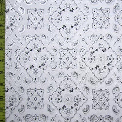 Paisley Printed with Foil on Poly Spandex Fabric (Silver/White) | (4 Way Stretch/Per Yard)