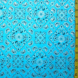 Paisley Printed with Foil on Poly Spandex Fabric (Silver/Turquoise) | (4 Way Stretch/Per Yard)