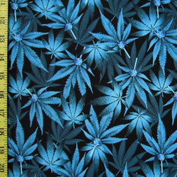 Blue Marijuana Print on Poly Spandex Fabric | (4 Way Stretch/Per Yard)