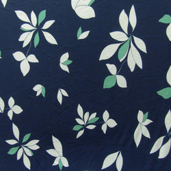 Scattered Leaves Print on Soft Nylon Spandex Fabric (Dark Blue/White/Turquoise) | (4 Way Stretch/Per Yard)