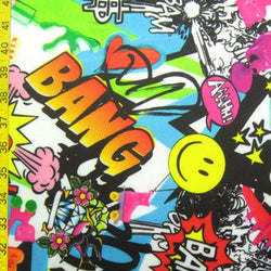 Bang Theme Graffiti Print on Poly Spandex Fabric | (4 Way Stretch/Per Yard)