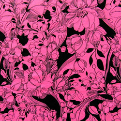 Floral Print Pattern on Poly Spandex Fabric (Fuchsia/Black) | (4 Way Stretch/Per Yard)