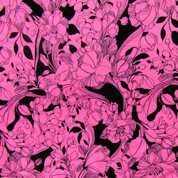 Floral Print on Poly Spandex Fabric (Fuchsia/Black) | (4 Way Stretch/Per Yard)