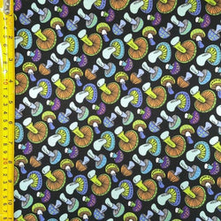 Funky Mushroom Print on Poly Spandex Fabric (Black/Green) | (4 Way Stretch/Per Yard)